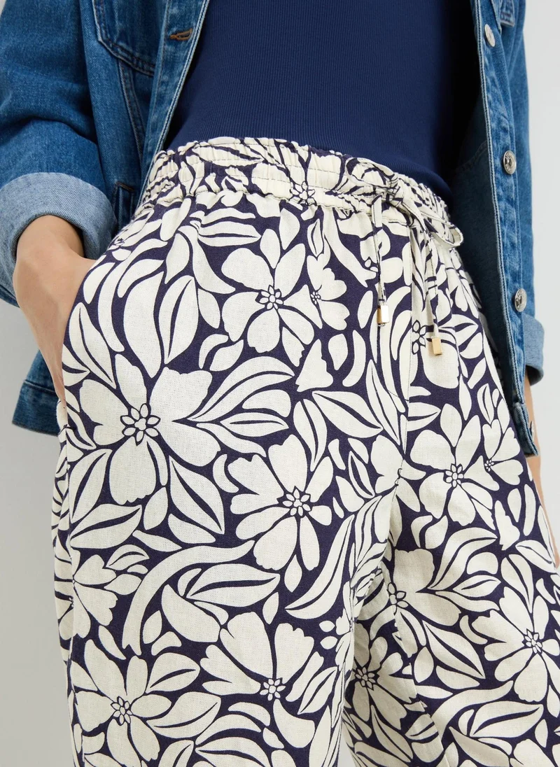 Matalan Navy Print Linen Blend Tapered Trousers